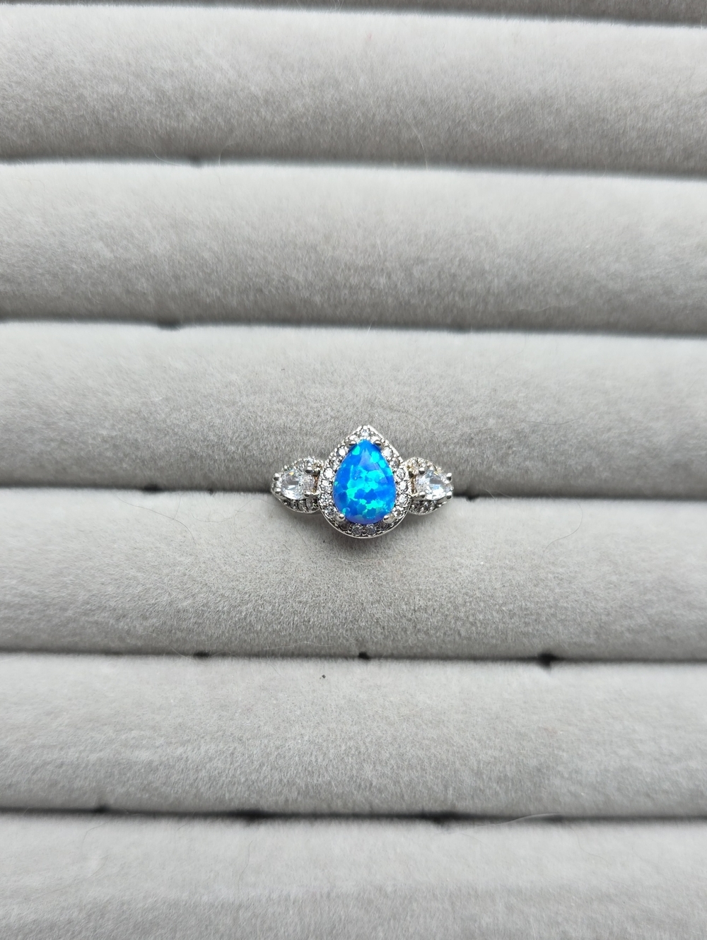 Blue Opal Teardrop Halo Ring - Women's Silver Fashion Ring